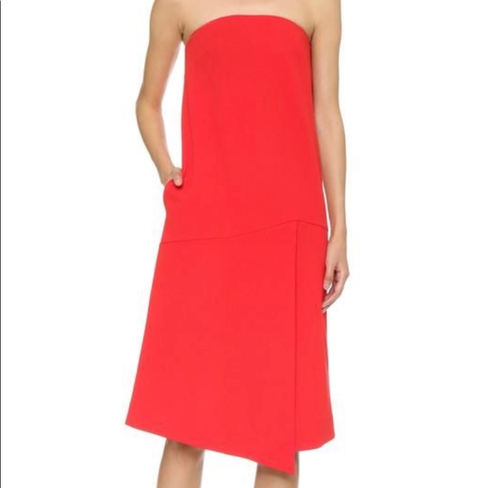 TIBI Size 6 Bright Orange-Red Strapless Cocktail Dress w/ Asymmetrical Hem